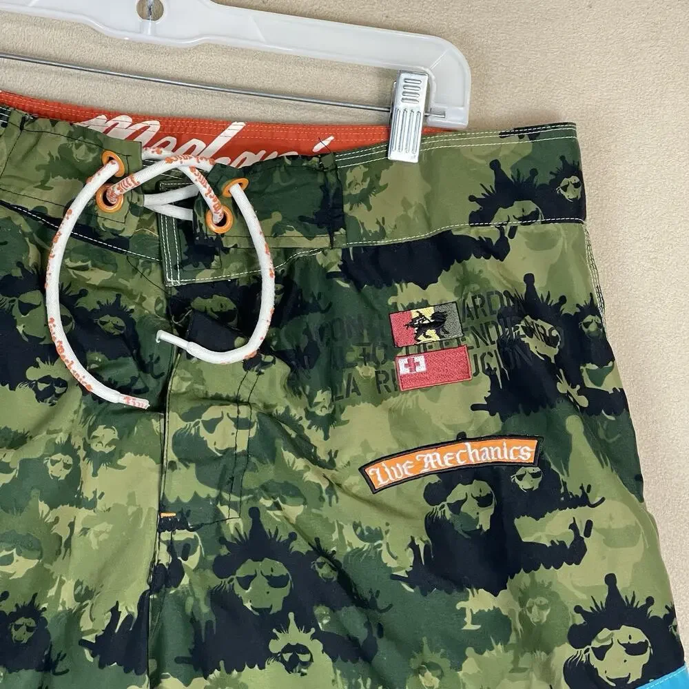 Live Mechanics Board Short Mens 36 Green Camo Lion Print Cargo‎ Drawstring Waist